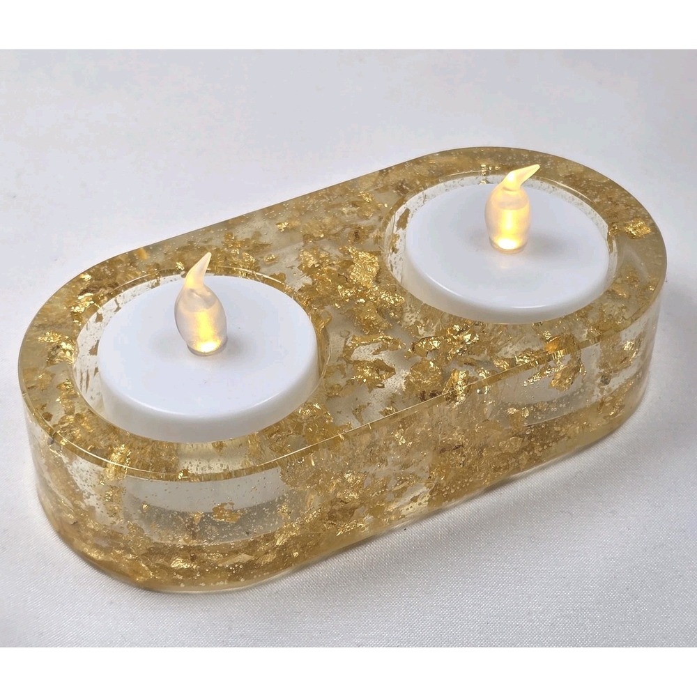 Handmade Resin Tealight Candle Holder Clear Gold Foil Lux Home Decor Sparkle